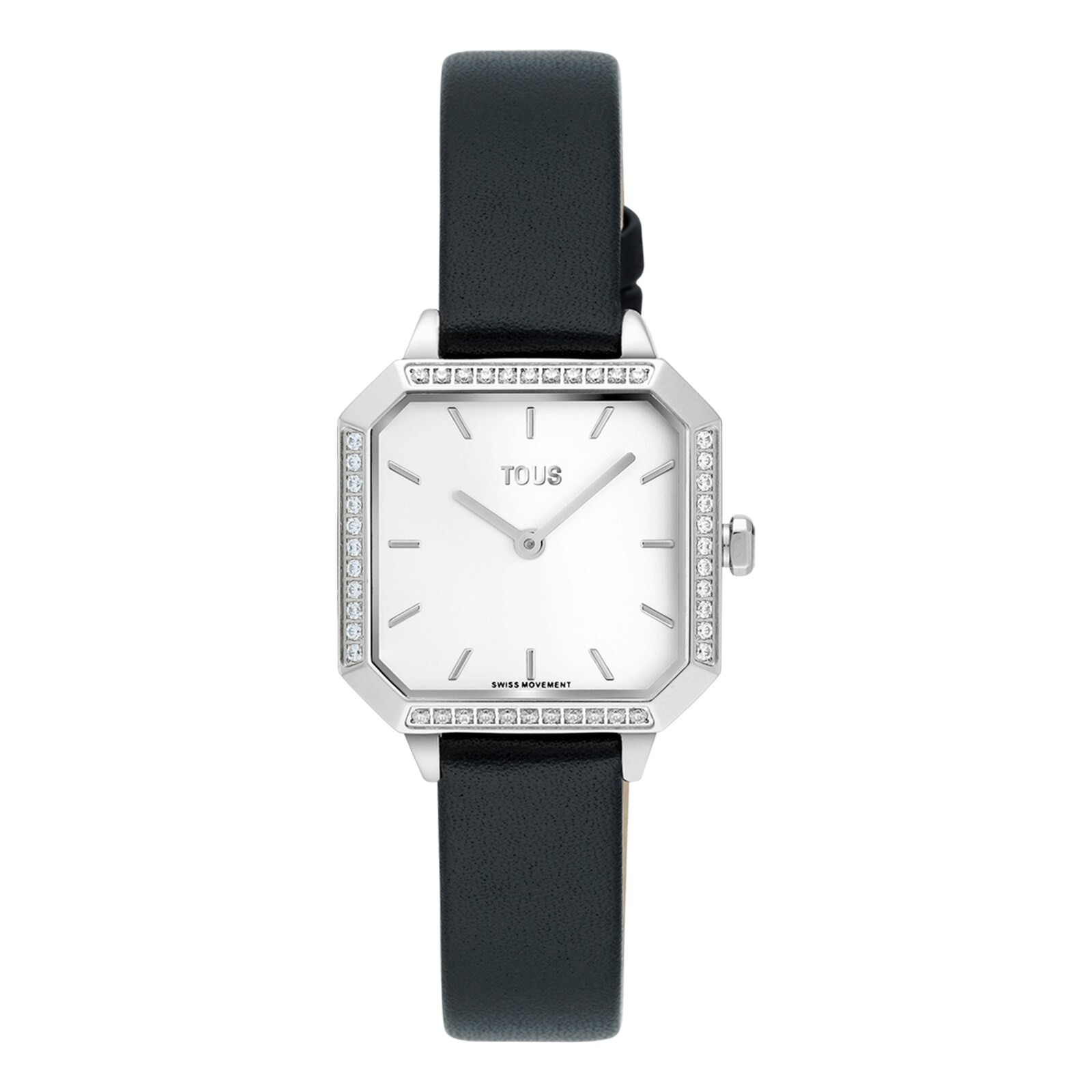 Swiss-movement analog steel watch with ct in diamonds and black leather strap Les Classiques