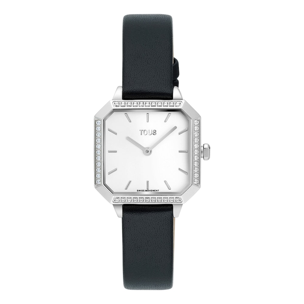 Swiss-movement analog steel watch with 0.40 ct in diamonds and black leather strap Les Classiques