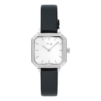 Swiss-movement analog steel watch with 0,40 ct in diamonds and black leather strap Les Classiques