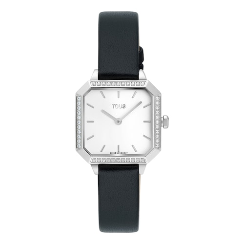 Swiss-movement analog steel watch with 0,40 ct in diamonds and black leather strap Les Classiques
