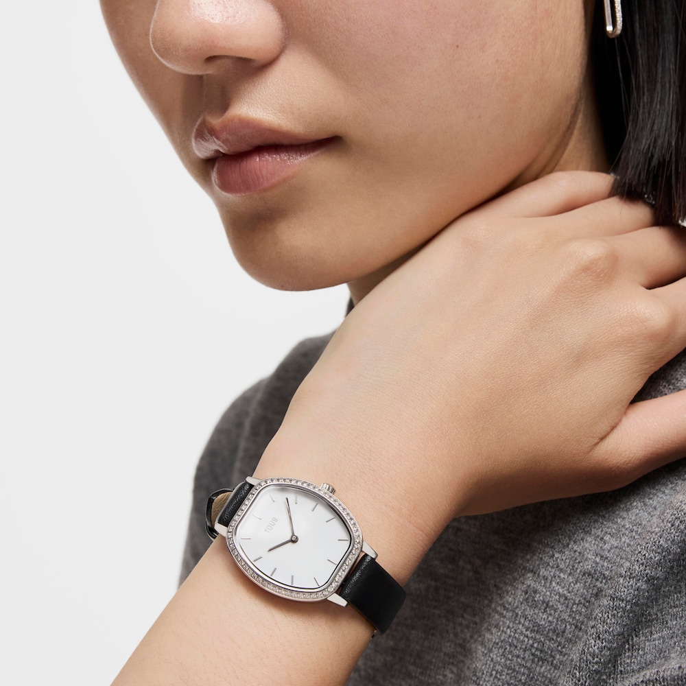 Reloj con movimiento suizo anal&oacute;gico de acero con 0,54 ct en diamantes y brazalete de piel negra Les Classiques