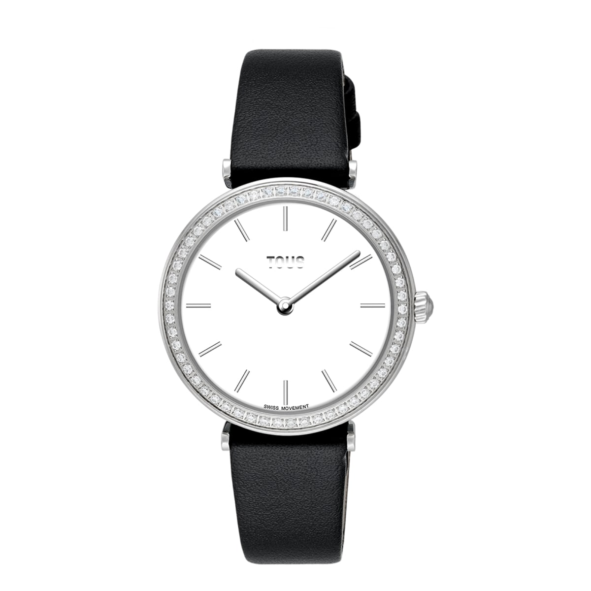 Tous - Reloj Con Movimiento Suizo Analógico De Acero Con 0,49 Ct En Diamantes Y Brazalete De Piel Negra Les Classiques - U