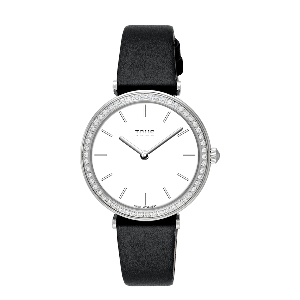 Reloj con movimiento suizo analógico de acero con 0,49 ct en diamantes y brazalete de piel negra Les Classiques image number 0