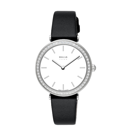 Reloj con movimiento suizo analógico de acero con 0,49 ct en diamantes y brazalete de piel negra Les Classiques
