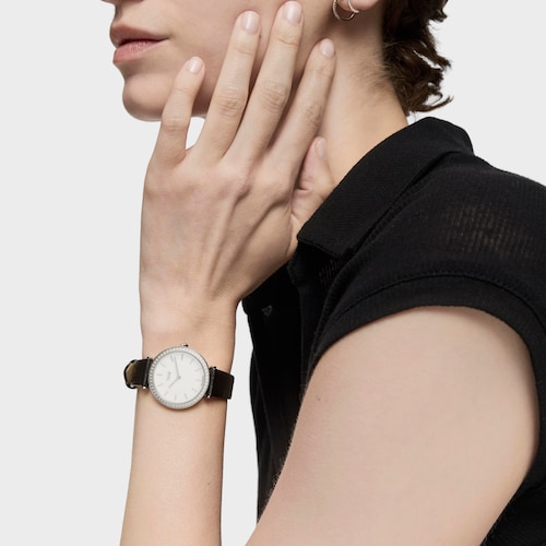Reloj con movimiento suizo analógico de acero con 0,49 ct en diamantes y brazalete de piel negra Les Classiques