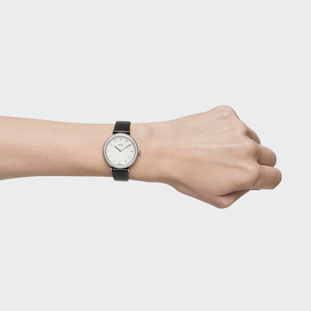 Reloj con movimiento suizo anal&oacute;gico de acero con 0,49 ct en diamantes y brazalete de piel negra Les Classiques