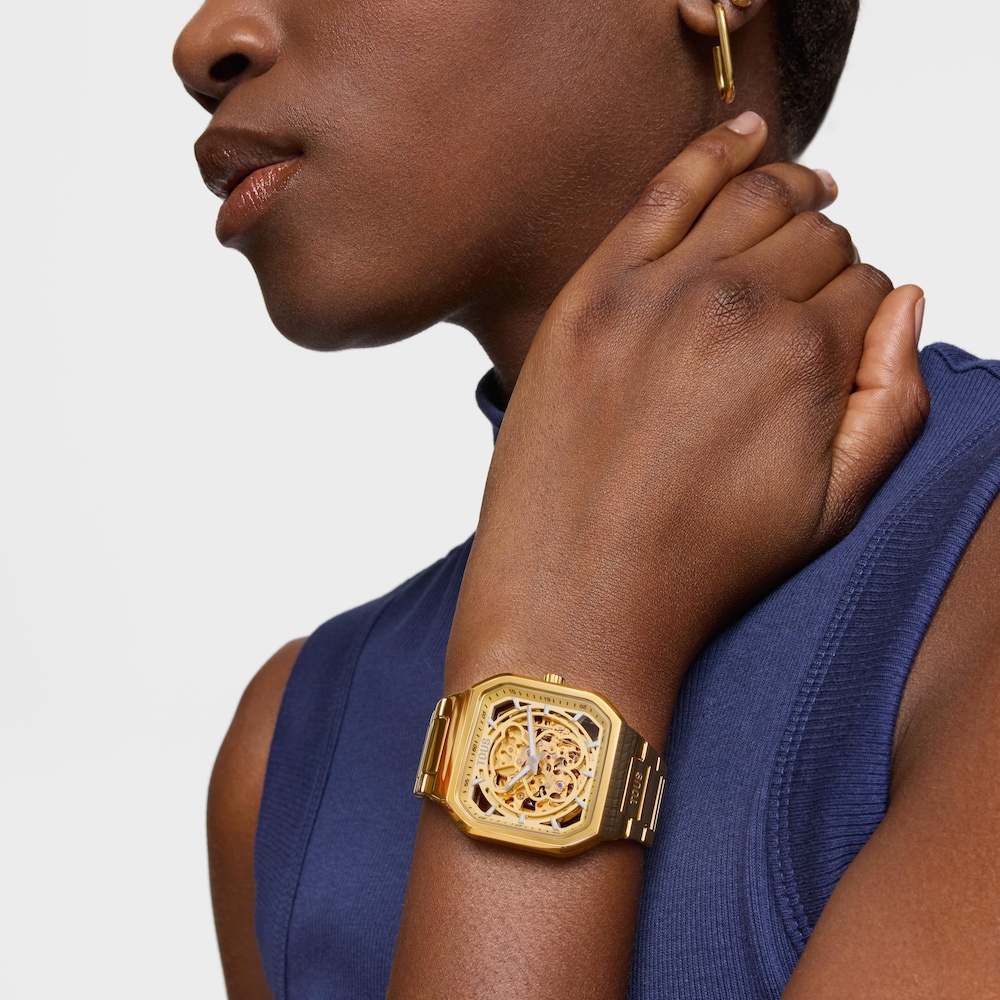 Anal&oacute;gov&eacute; hodinky s&nbsp;n&aacute;ramkom z&nbsp;ocele IPG zlatej farby D-Bear Now