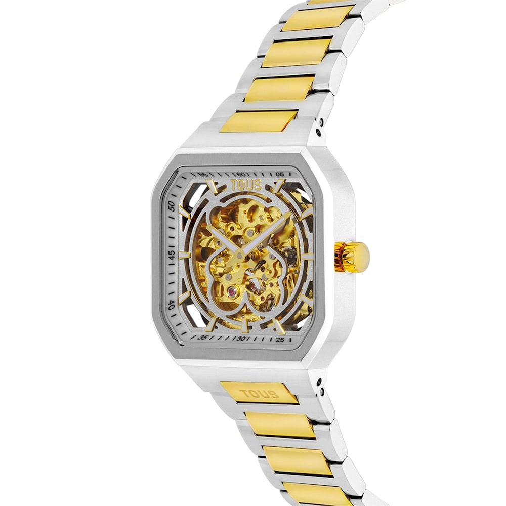 Reloj analógico automático con brazalete de acero IPG dorado y acero D-Bear Now image number 1