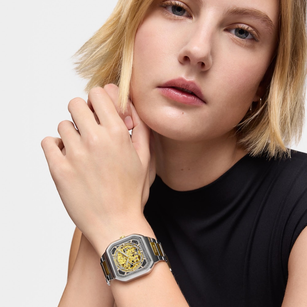 Automatyczny zegarek analogowy z bransoletą ze złotej stali IPG i stali D-Bear Now