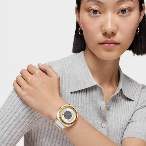 Reloj analógico de acero IPG dorado con brazalete elástico en color blanco Osier