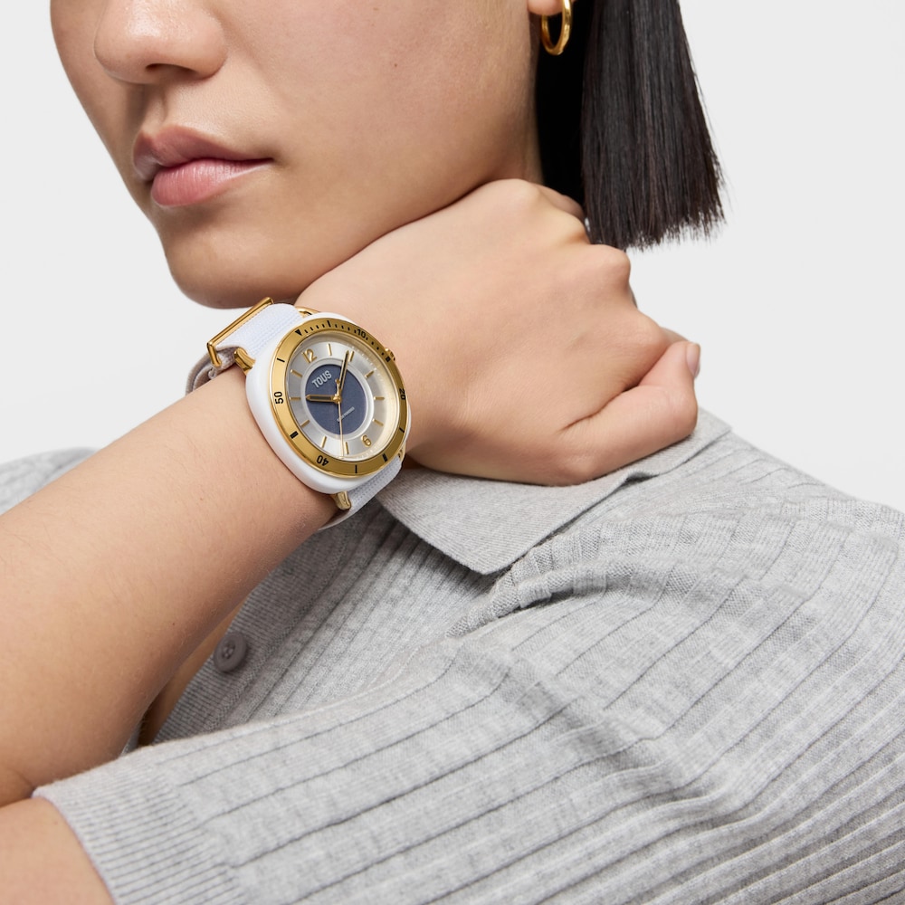 Analogov&eacute; Hodinky z&nbsp;IPG oceli ve zlat&eacute; barvě s&nbsp;b&iacute;l&yacute;m elastick&yacute;m n&aacute;ramkem Osier