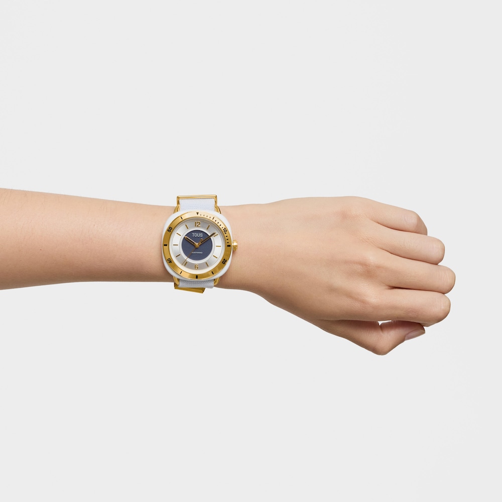 Analogov&eacute; Hodinky z&nbsp;IPG oceli ve zlat&eacute; barvě s&nbsp;b&iacute;l&yacute;m elastick&yacute;m n&aacute;ramkem Osier