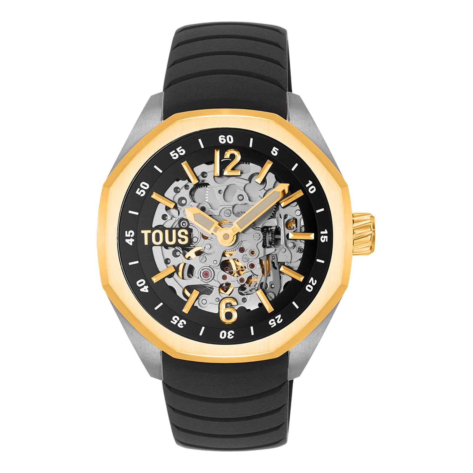 Automatic analog Watch with gold-colored IP steel case and black silicone bracelet TOUS Now