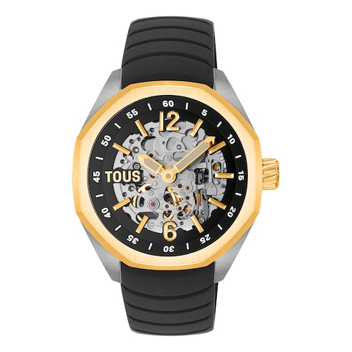 Reloj analógico automático con caja de acero IPG dorado y brazalete de silicona negra TOUS Now