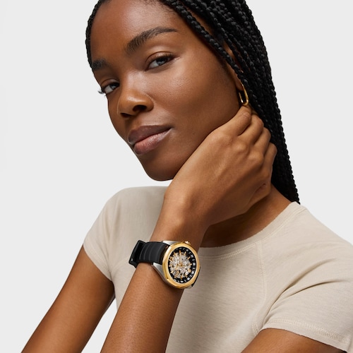 Reloj analógico automático con caja de acero IPG dorado y brazalete de silicona negra TOUS Now