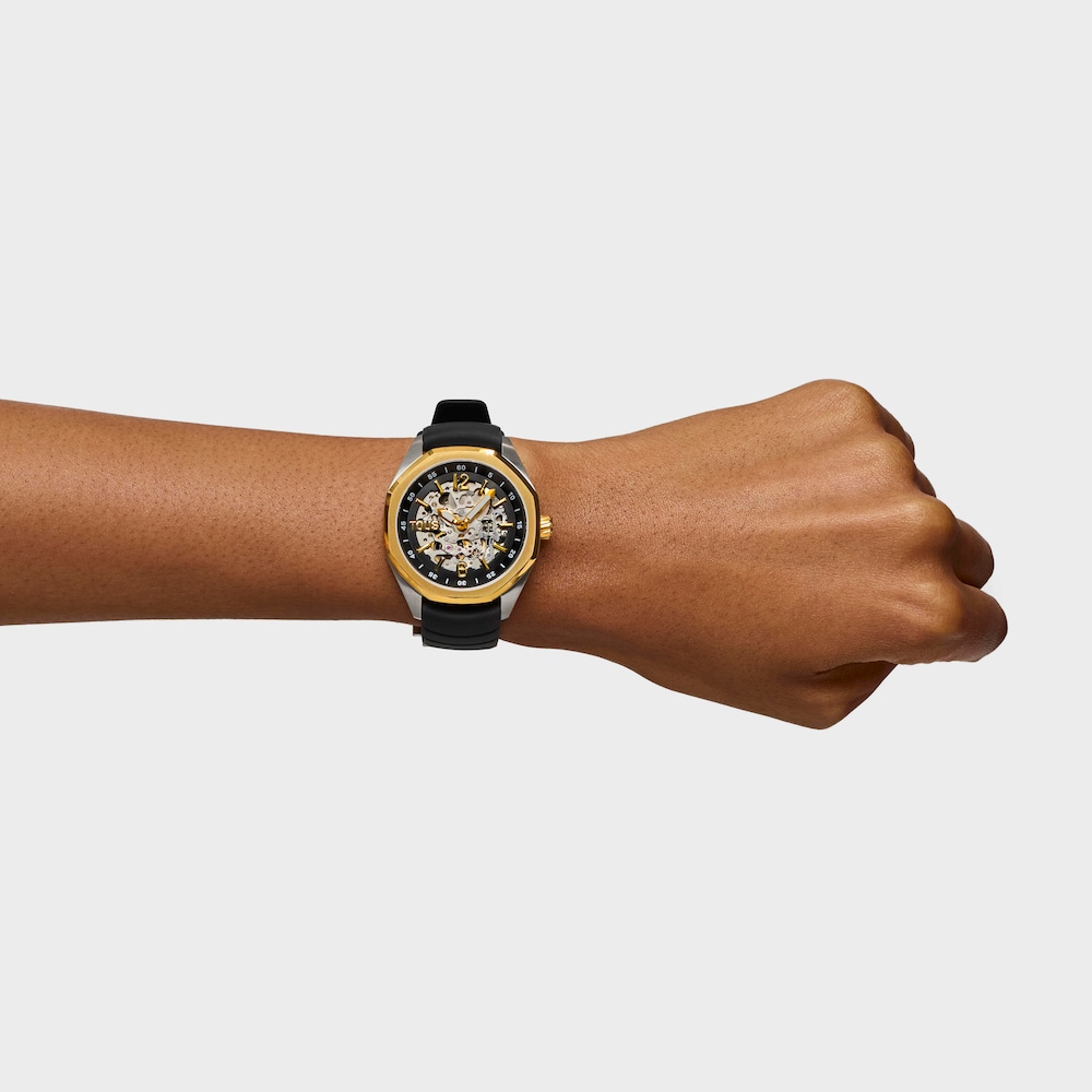 Orologio analogico automatico con cassa in acciaio IP color oro e bracciale in silicone nero TOUS Now
