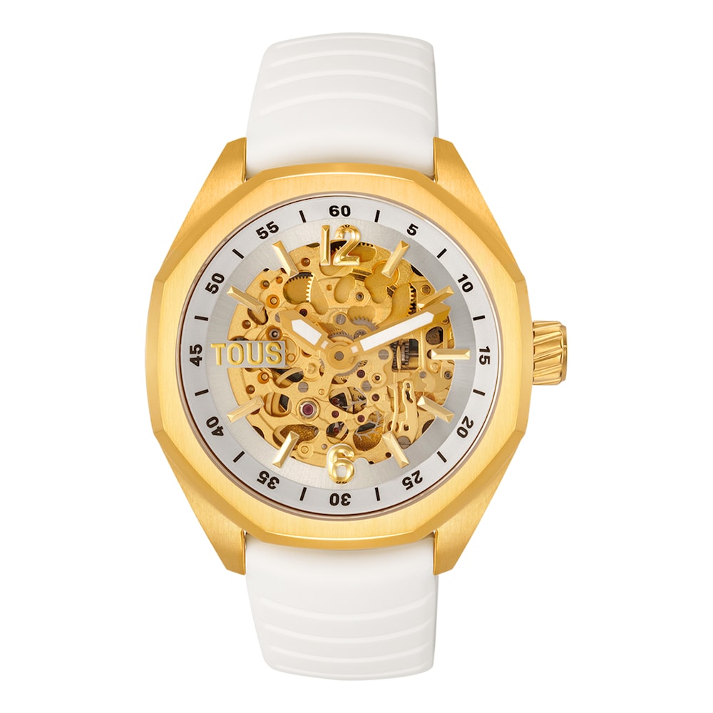Reloj analógico automático con caja de acero IPG dorado y brazalete de silicona blanca TOUS Now image number 0