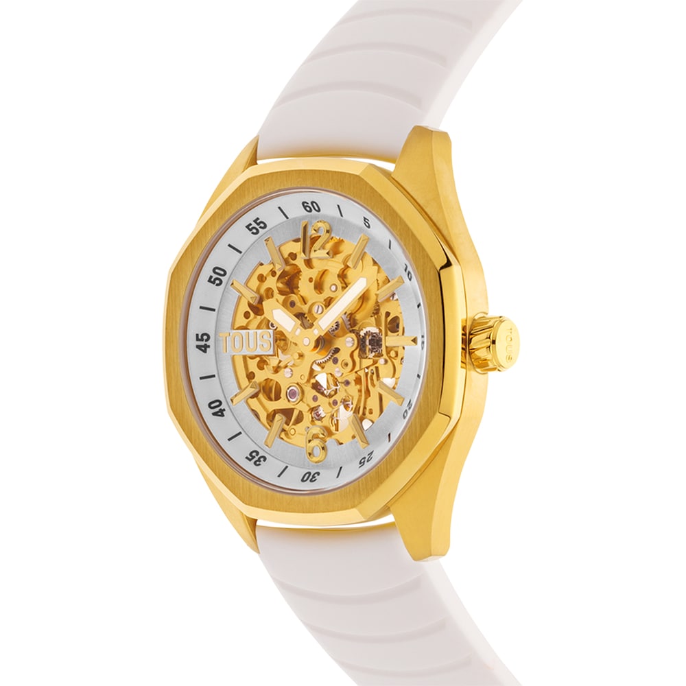 Reloj analógico automático con caja de acero IPG dorado y brazalete de silicona blanca TOUS Now image number 1