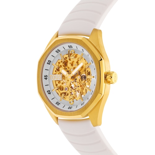 Reloj analógico automático con caja de acero IPG dorado y brazalete de silicona blanca TOUS Now