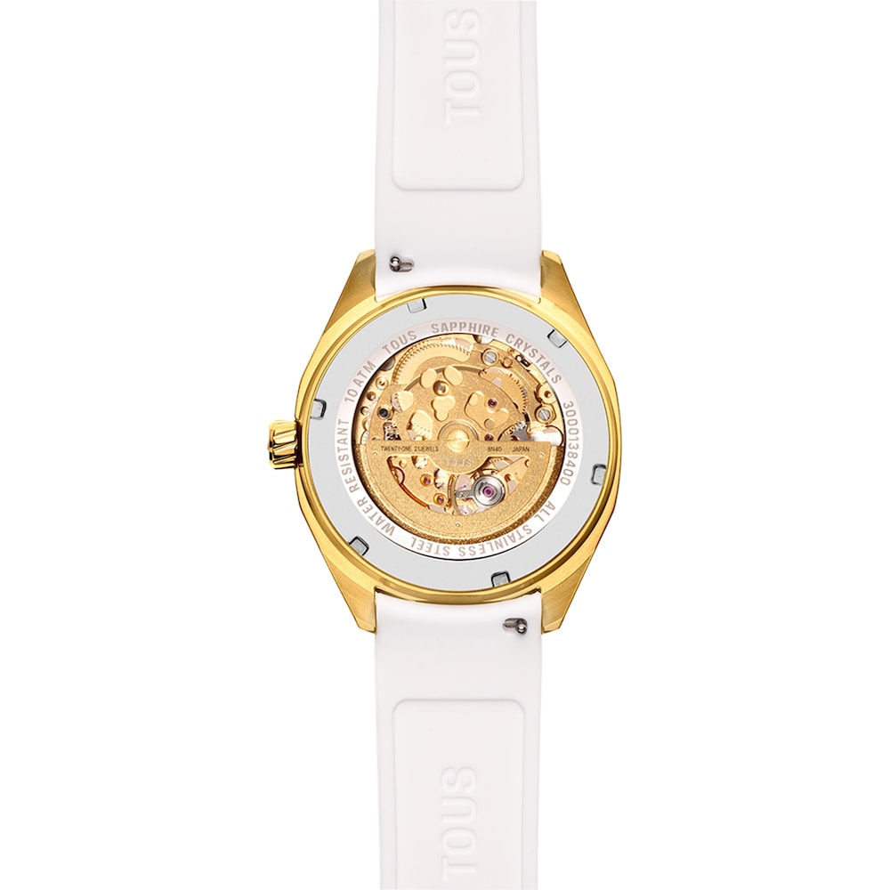 Reloj analógico automático con caja de acero IPG dorado y brazalete de silicona blanca TOUS Now image number 3