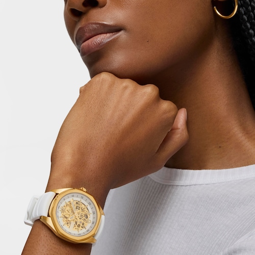 Reloj analógico automático con caja de acero IPG dorado y brazalete de silicona blanca TOUS Now