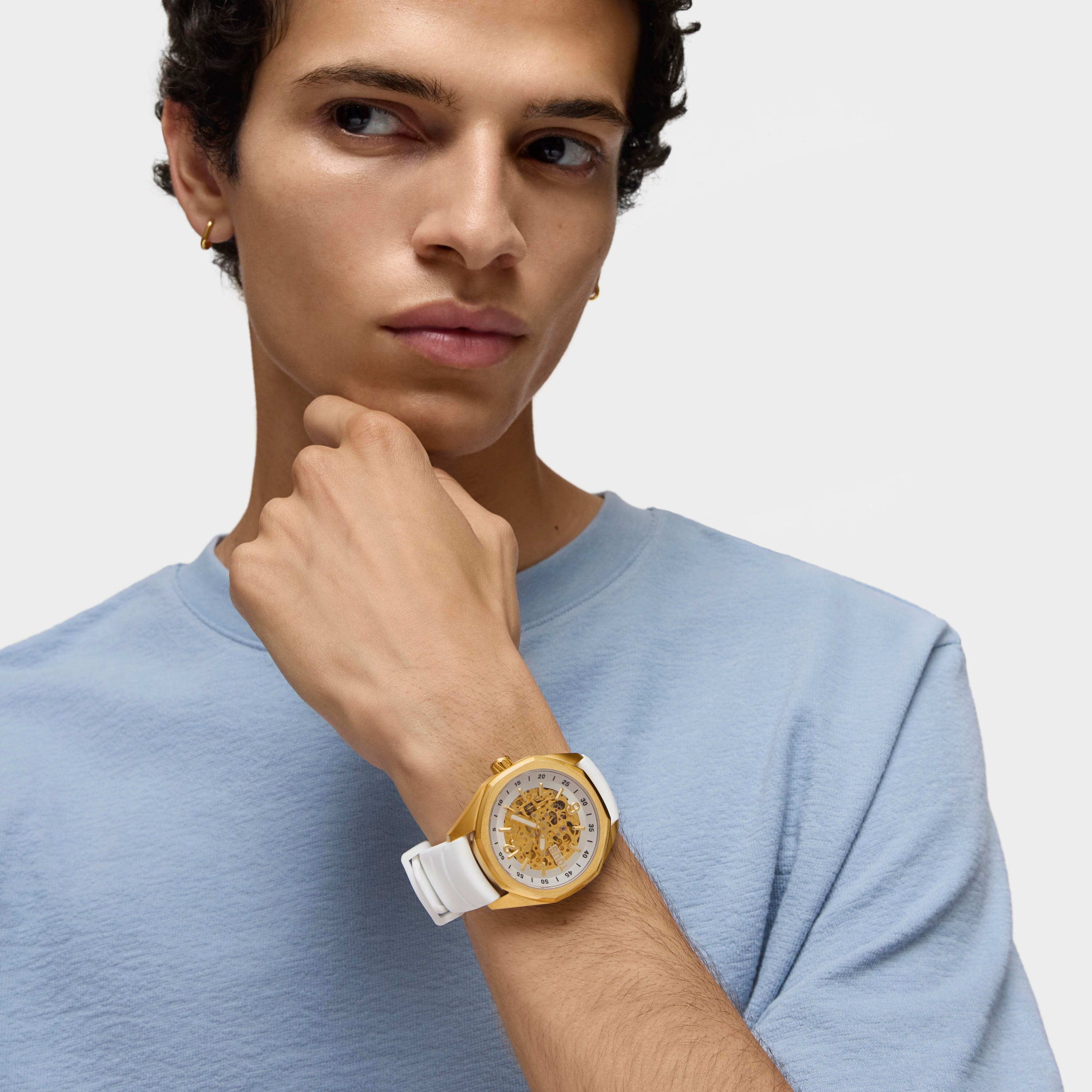Automatic analog Watch with gold-colored IP steel case and white silicone bracelet TOUS Now