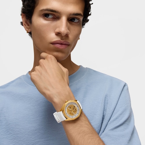 Reloj analógico automático con caja de acero IPG dorado y brazalete de silicona blanca TOUS Now