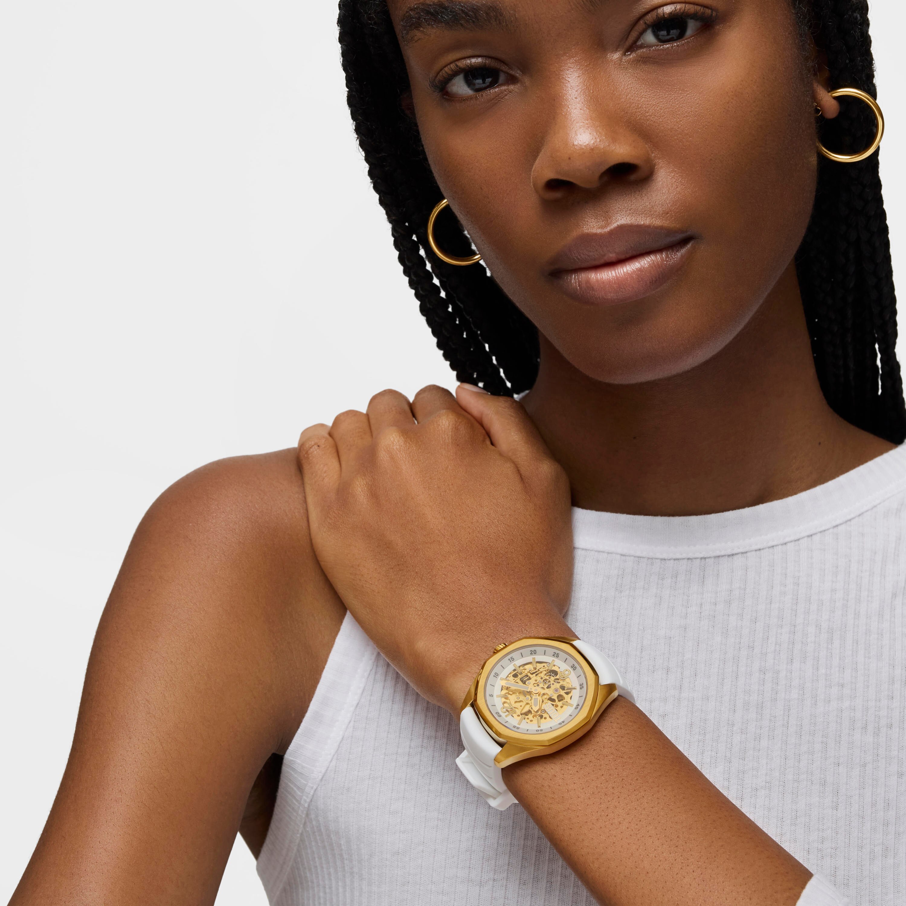Automatic analog Watch with gold-colored IP steel case and white silicone bracelet TOUS Now