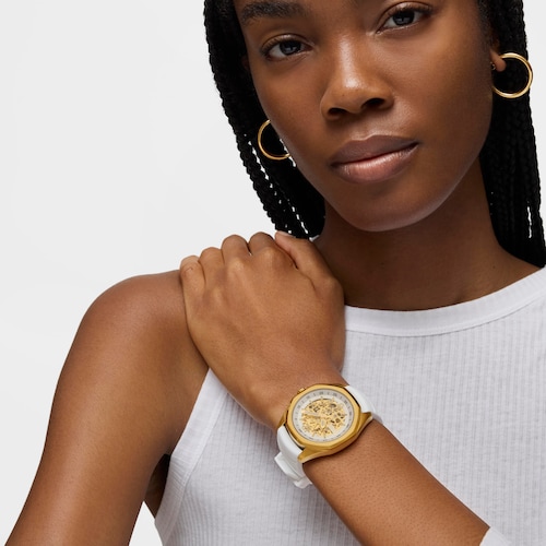 Reloj analógico automático con caja de acero IPG dorado y brazalete de silicona blanca TOUS Now