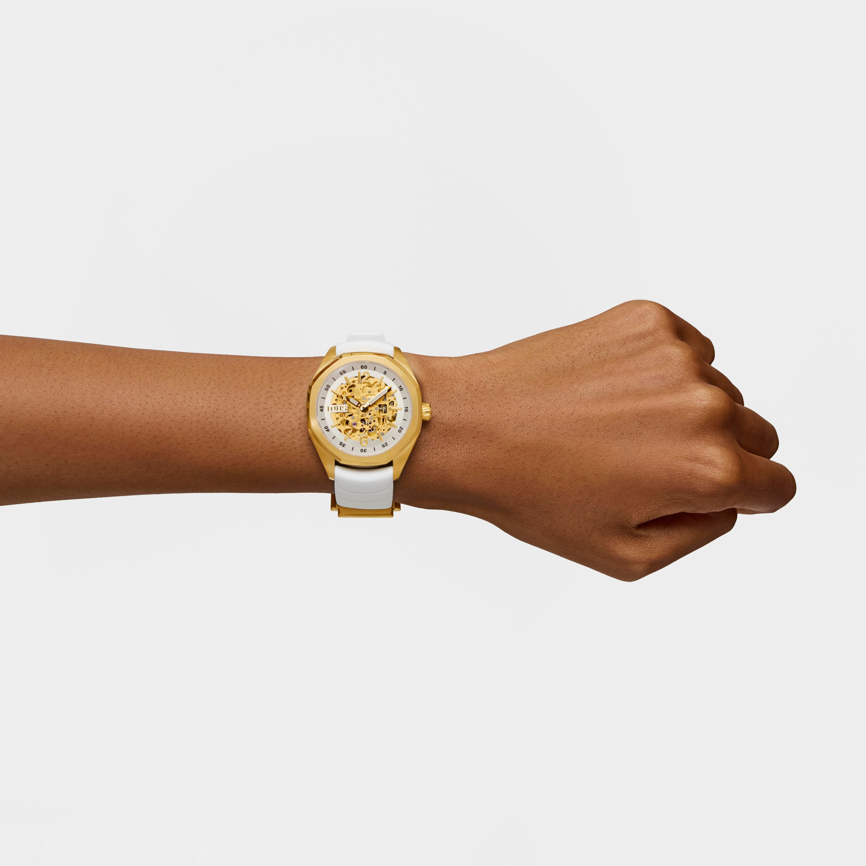 Automatic analog Watch with gold-colored IP steel case and white silicone bracelet TOUS Now