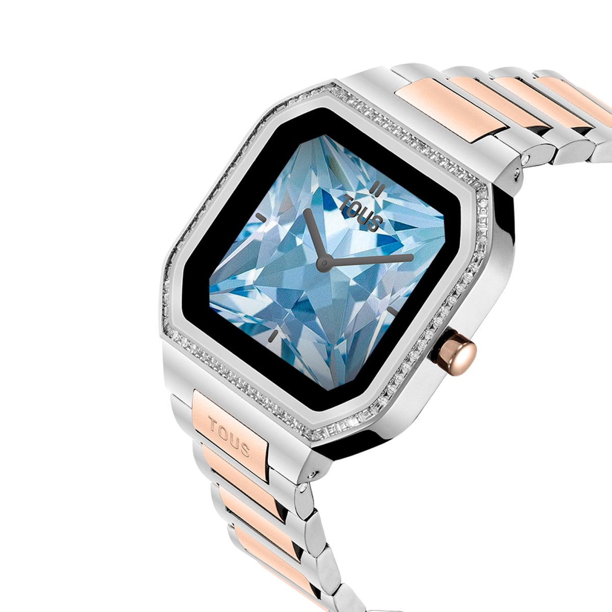 Smartwatch with steel bracelet and rose-colored steel and zirconias B-Connect