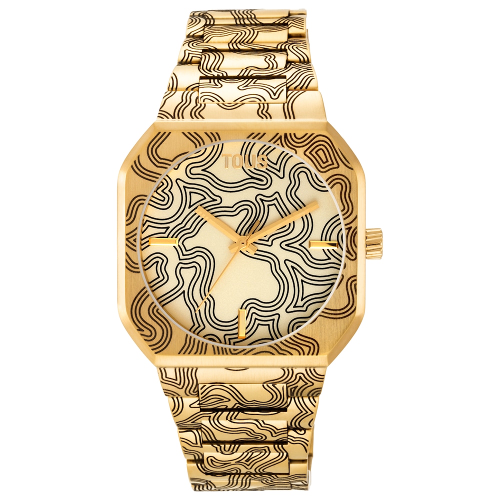 Reloj analógico con brazalete gravado de acero dorado Lit image number 0