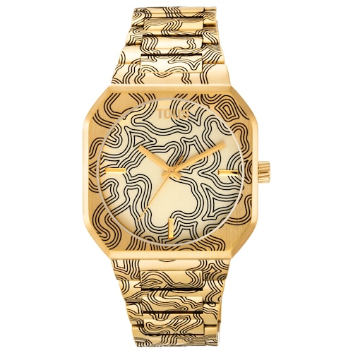 Reloj analógico con brazalete gravado de acero dorado Lit