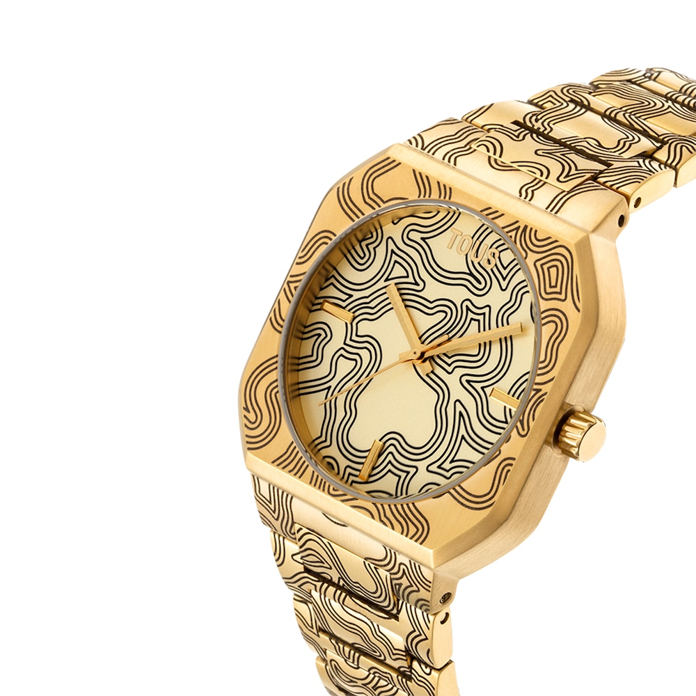 Reloj analógico con brazalete gravado de acero dorado Lit image number 1