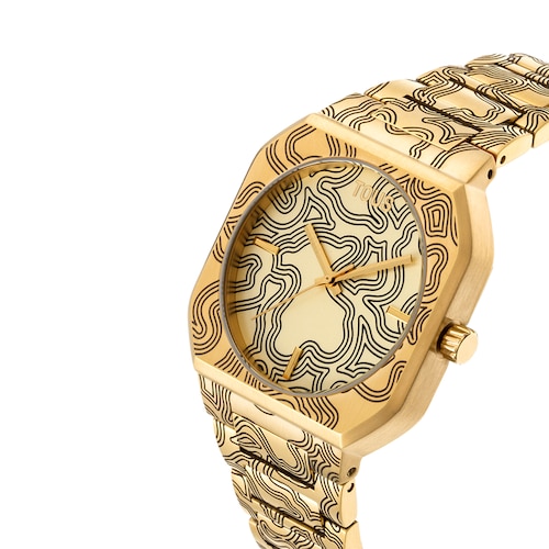 Reloj analógico con brazalete gravado de acero dorado Lit