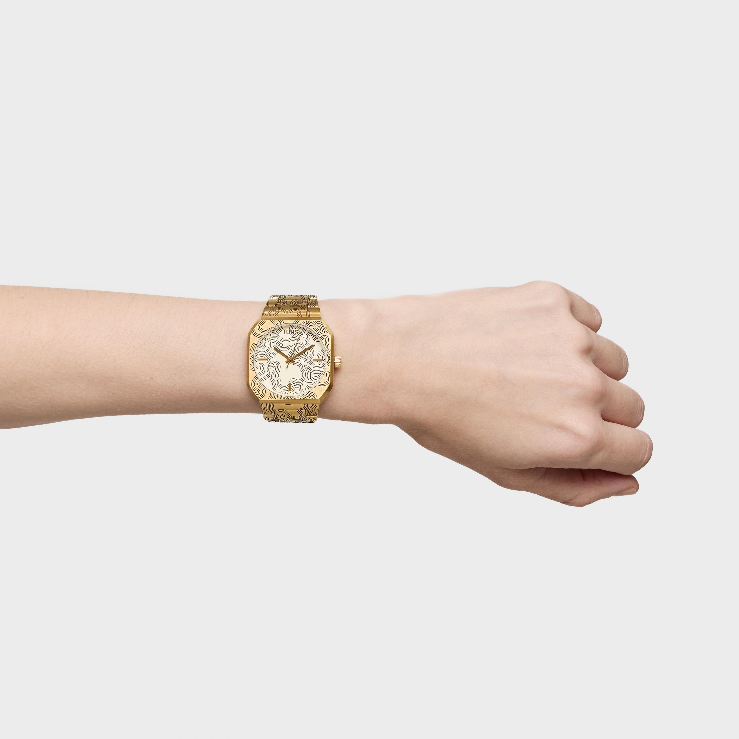 Reloj analógico con brazalete gravado de acero dorado Lit