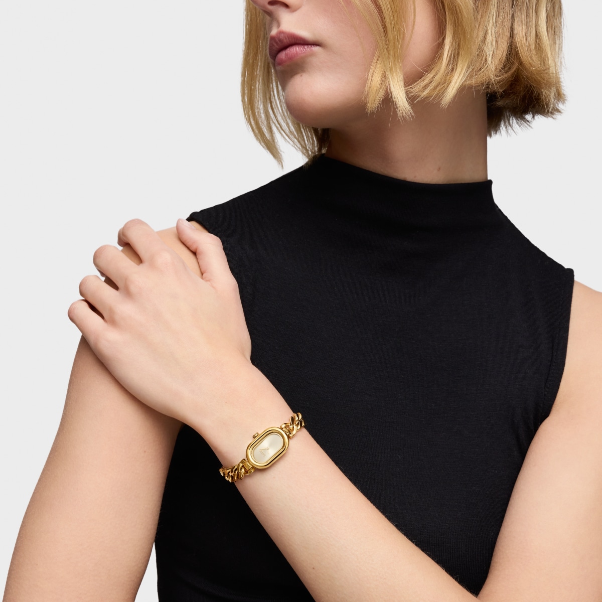 Analog jeweled Watch with gold-colored steel chain bracelet Oval Time