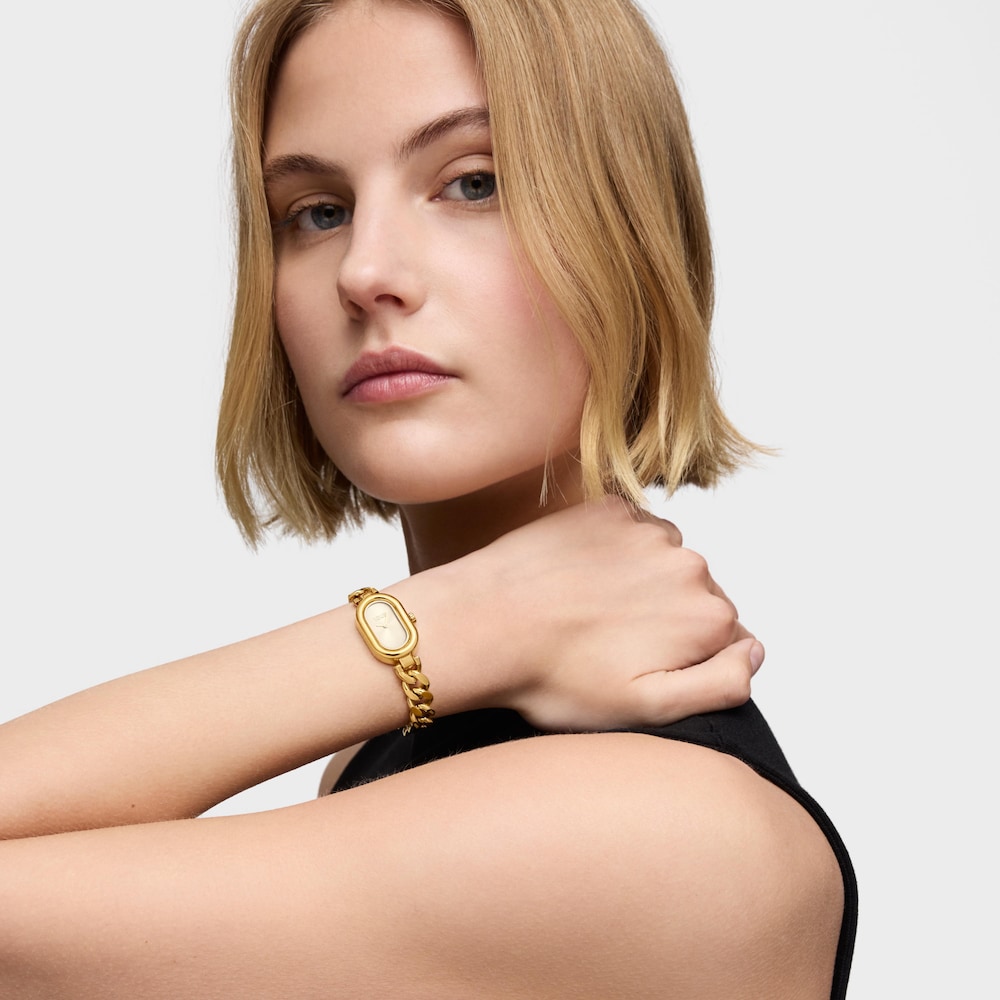 Analogov&eacute; Hodinky s drahokamy a ocelov&yacute;m řet&iacute;zkov&yacute;m n&aacute;ramkem zlat&eacute; barvy Oval Time