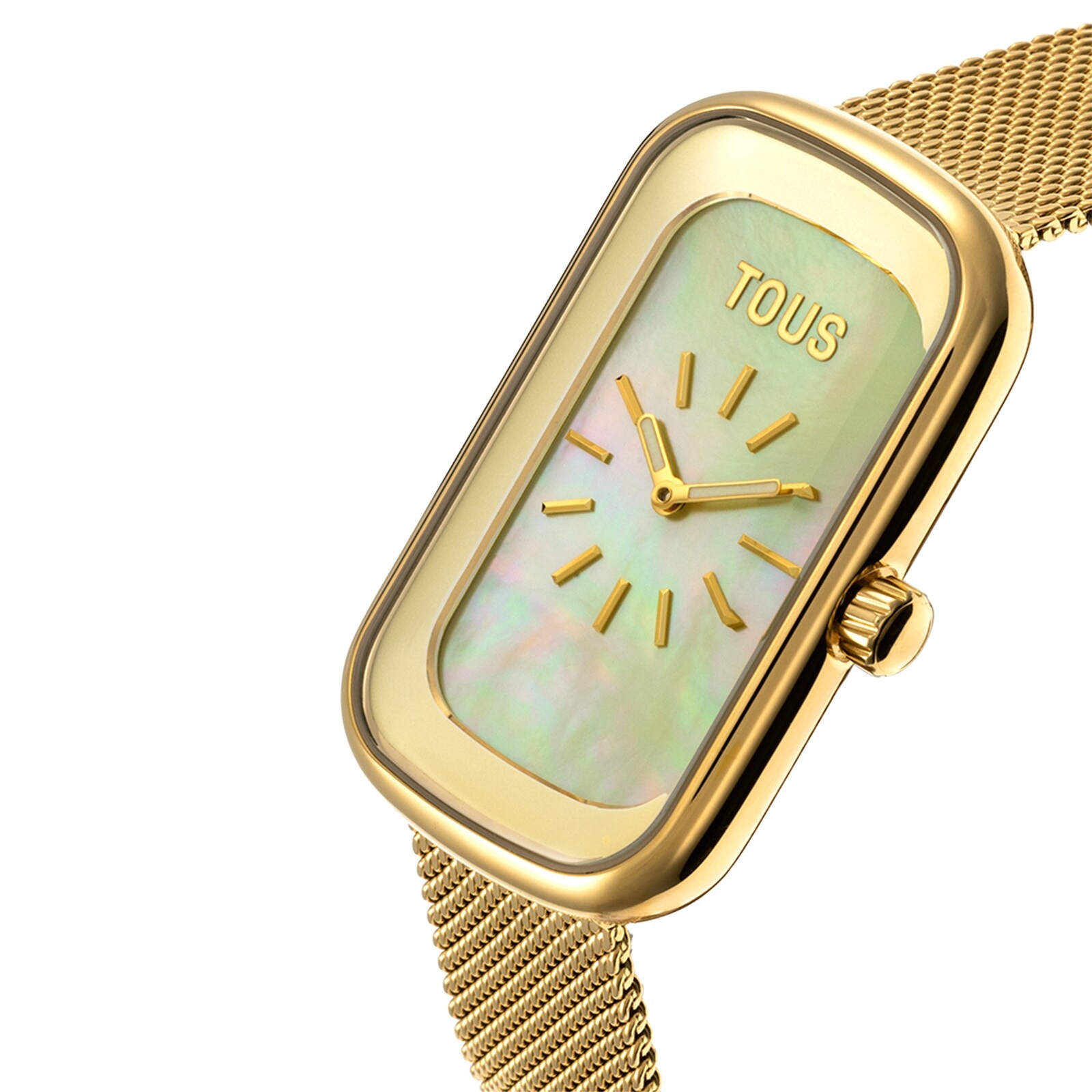 Analog watch with mother-of-pearl face and gold-colored steel