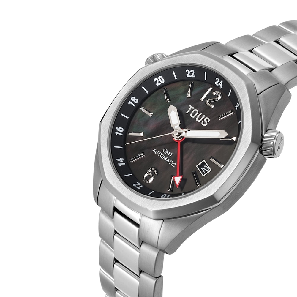 Automatic GMT Watch with gray mother-of-pearl face and steel link bracelet TOUS Now