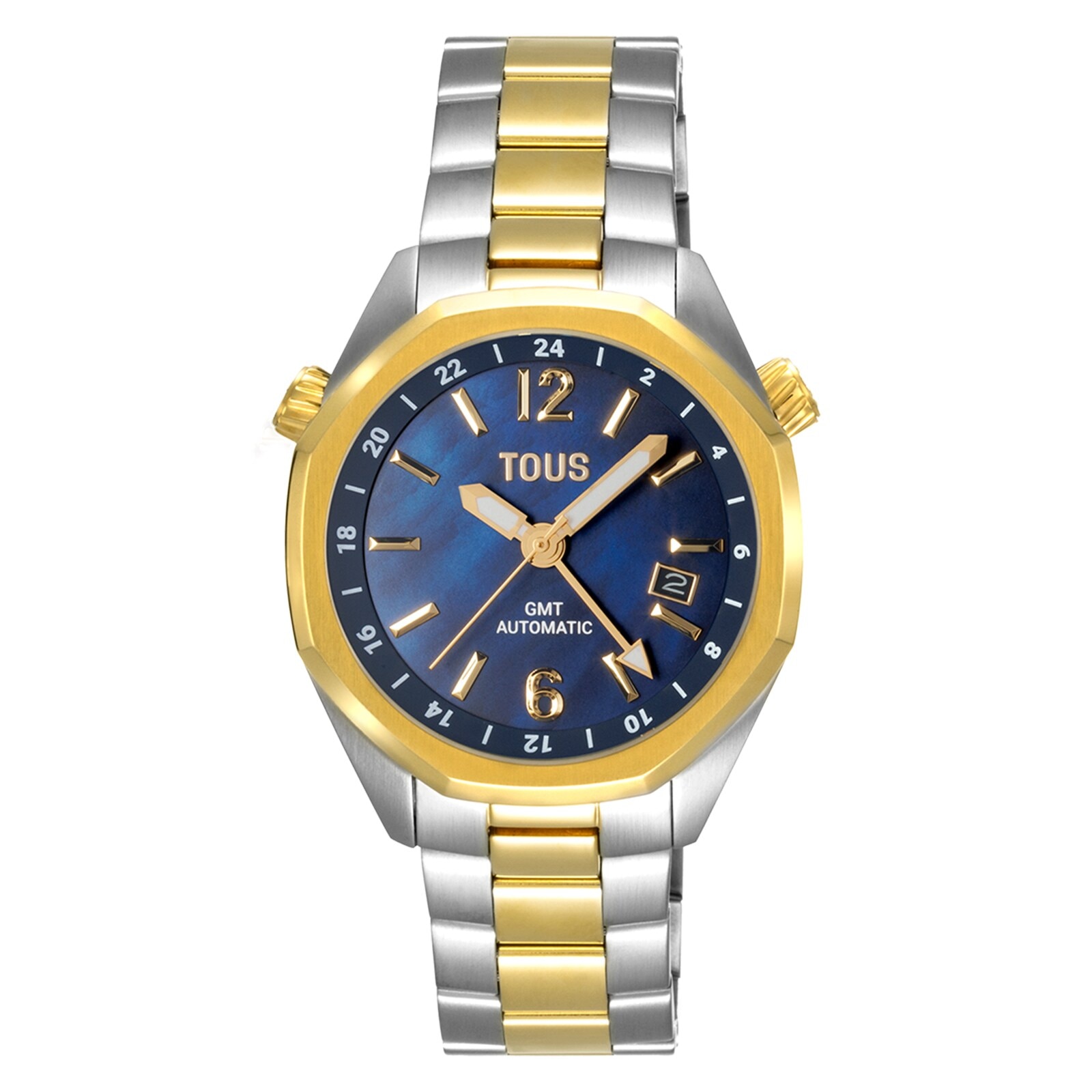Automatic GMT Watch with blue mother-of-pearl face and two-tone steel bracelet TOUS Now
