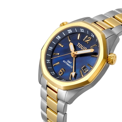 Automatic GMT Watch with blue mother-of-pearl face and two-tone steel bracelet TOUS Now