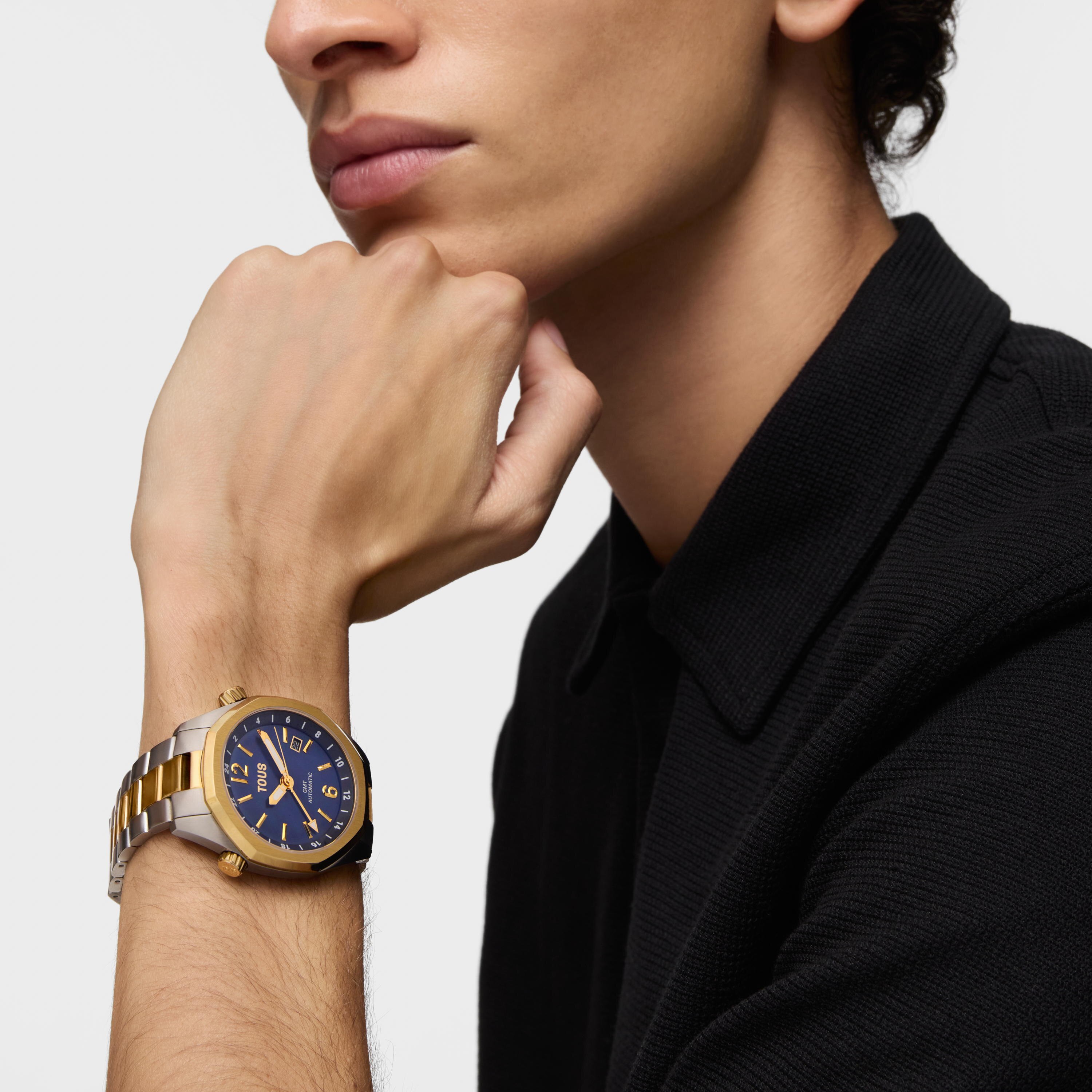 Automatic GMT Watch with blue mother-of-pearl face and two-tone steel bracelet TOUS Now
