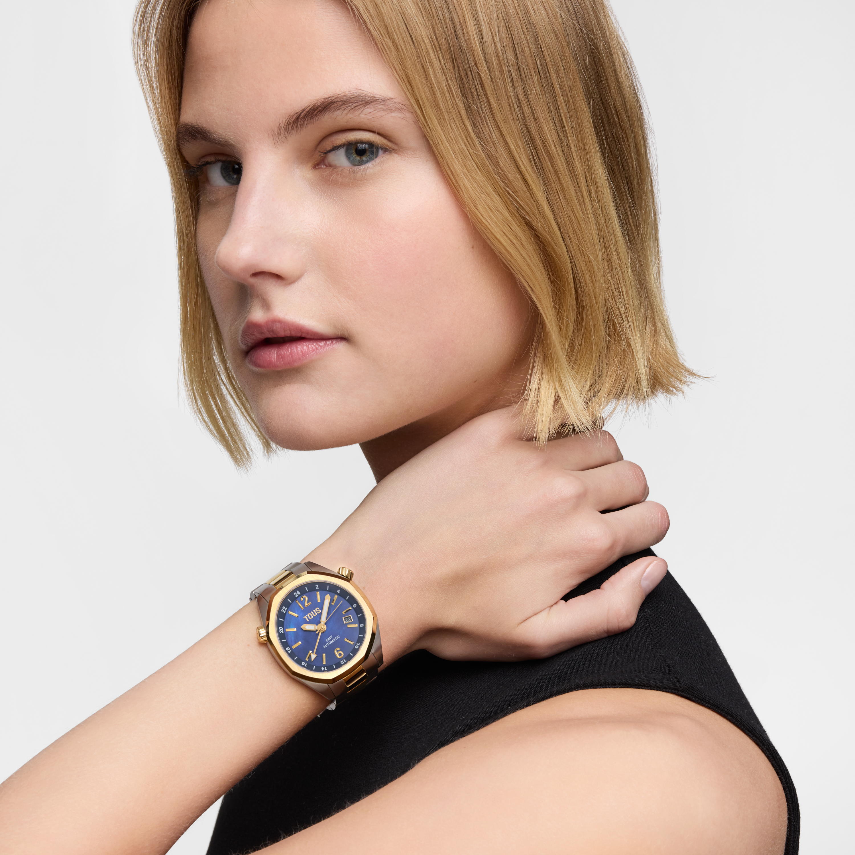Automatic GMT Watch with blue mother-of-pearl face and two-tone steel bracelet TOUS Now
