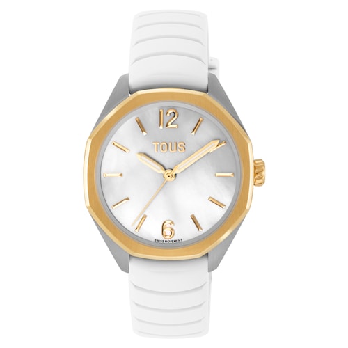 Two-tone analog Watch with Swiss movement, mother-of-pearl face and white rubber strap TOUS Now Lady