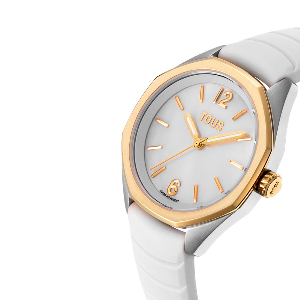 Reloj bicolor analógico con movimiento suizo, esfera de nácar y correa de caucho blanca TOUS Now Lady image number 1
