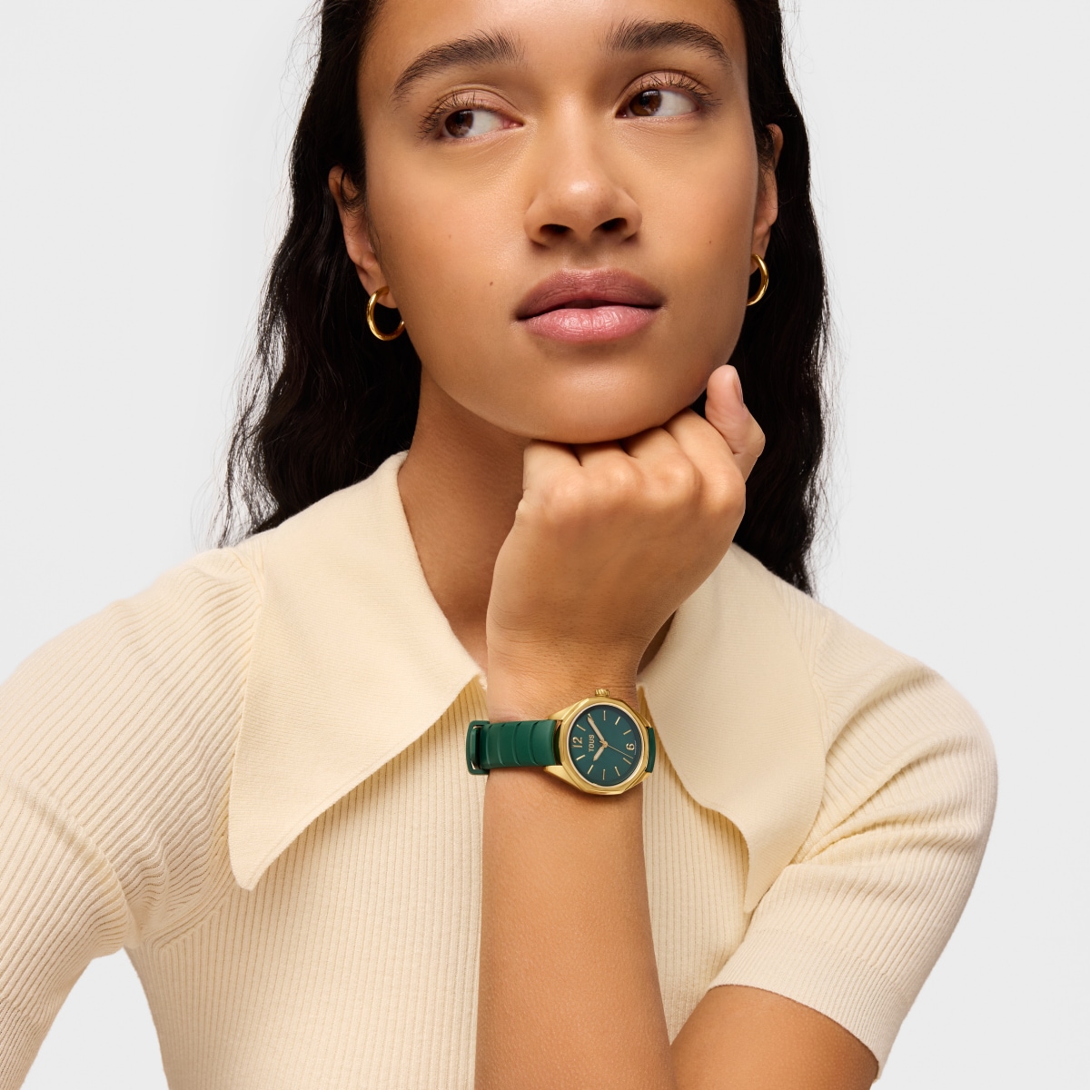 Two-tone analog Watch with Swiss movement, mother-of-pearl face and green rubber strap TOUS Now Lady