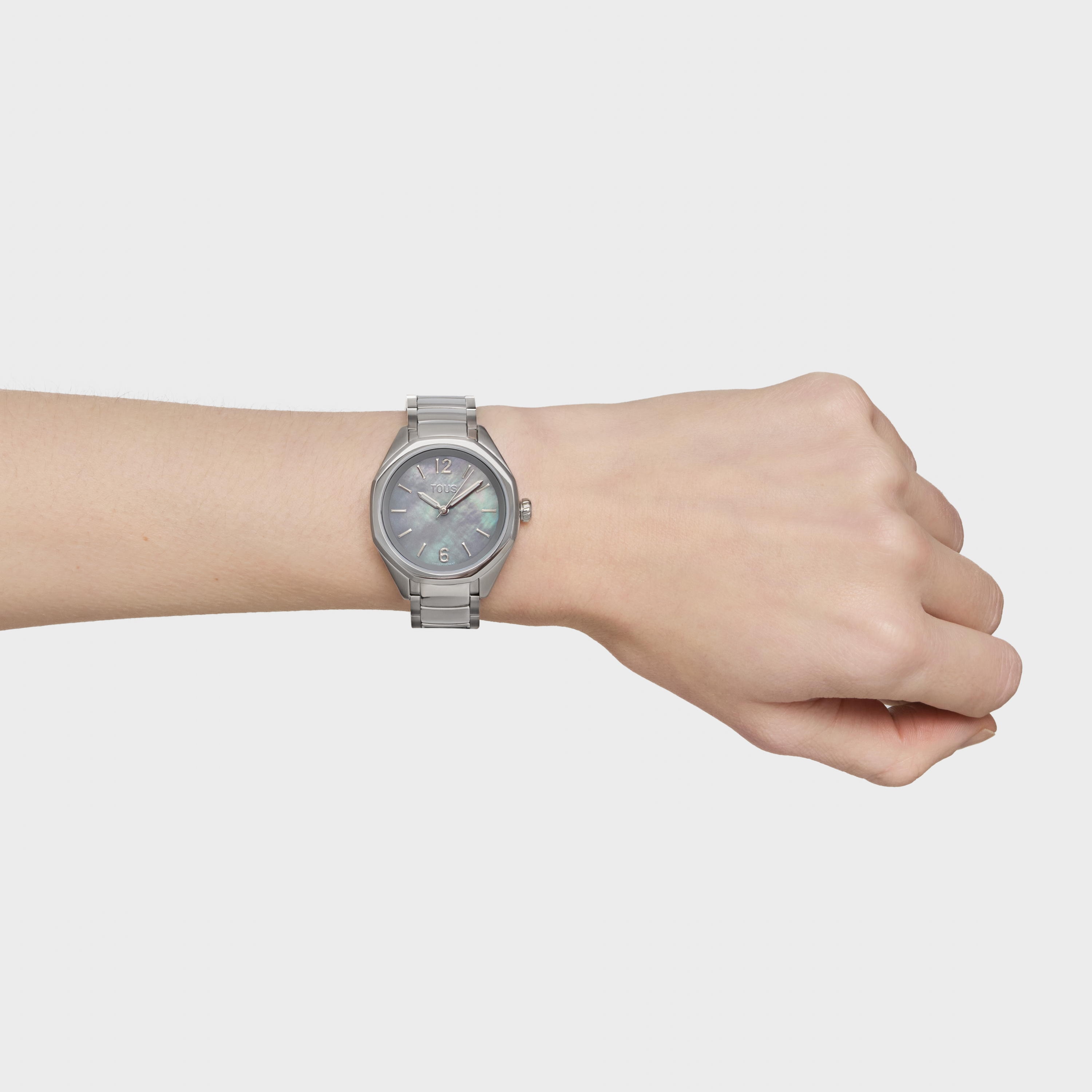 Reloj analógico con movimiento suizo, esfera de nácar y brazalete de eslabones de acero Tous Now Lady