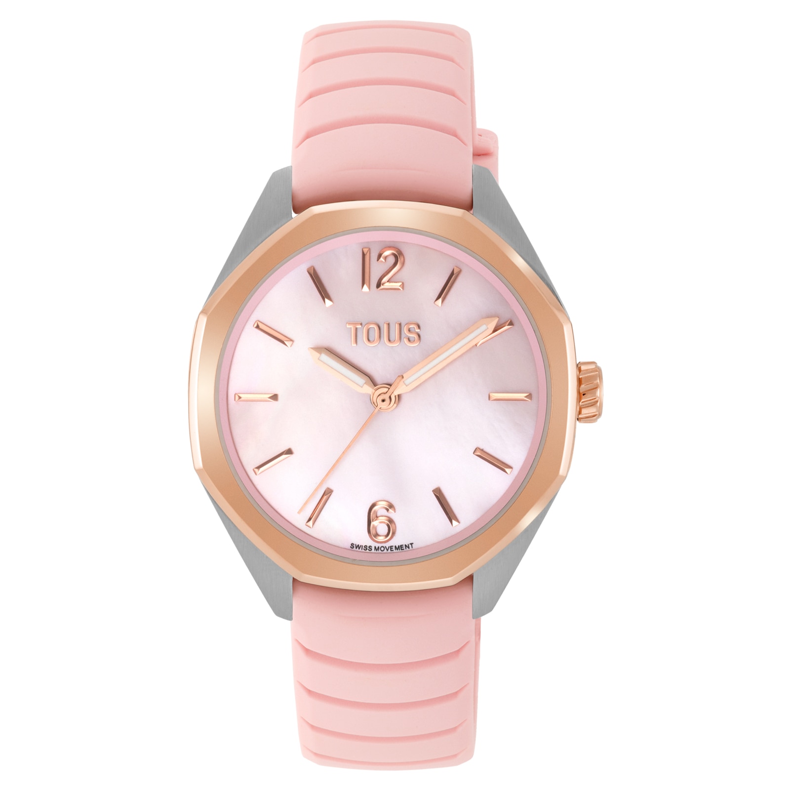Reloj bicolor analógico con movimiento suizo, esfera de nácar y correa de caucho rosa TOUS Now Lady
