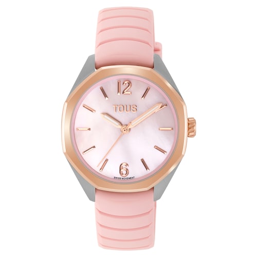Two-tone analog Watch with Swiss movement, mother-of-pearl face and pink rubber strap TOUS Now Lady